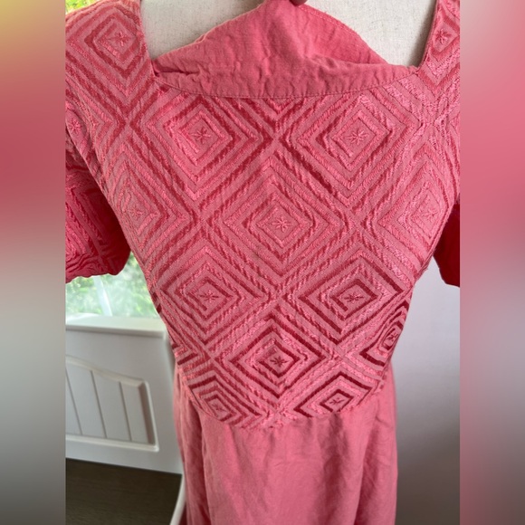 VTG Linen Blend Sarah Elizabeth Pink Pleated Square Neck Tie Waist Maxi Dress - Picture 8 of 16